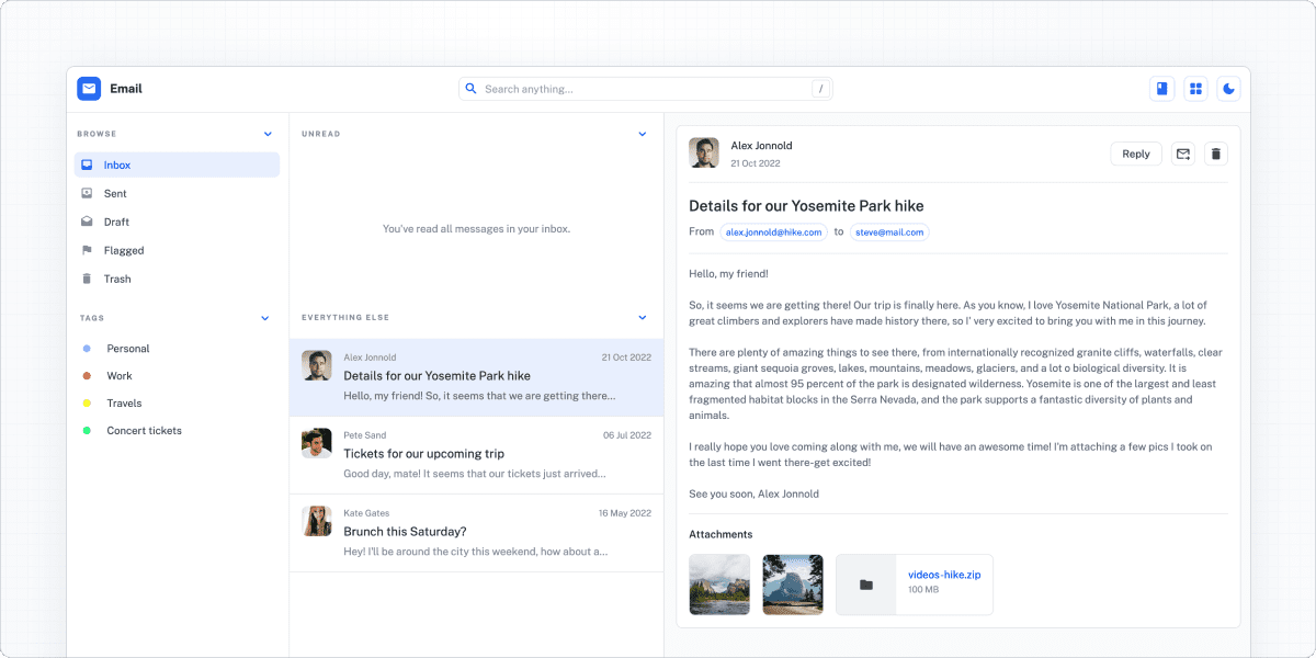 Screenshot of an email application mockup built with Joy UI