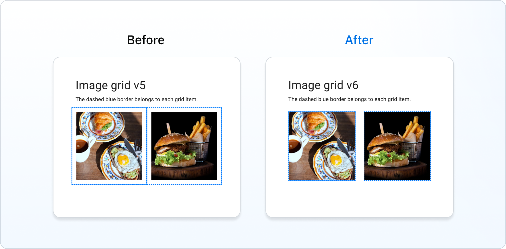 Before and after of the Grid items no longer including spacing in their boxes.